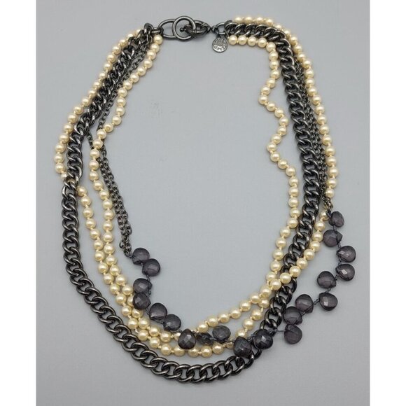 J.Crew Multi Strand Gun Metal & Faux Pearl Collar Necklace 20" Smokey Gray Beads - Picture 6 of 7